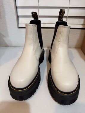 Dr. Martens White Leather Platform Chelsea Boots with Black Sole